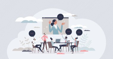 Business conference room with audience and speaker talk tiny person concept