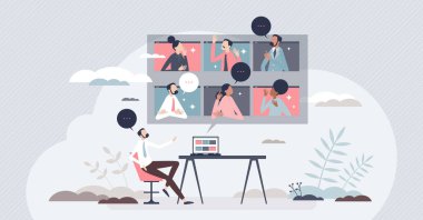 Ekip küçük kişi konsepti için sanal iş etkinliği ve video çağrısı bağlantısı