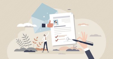Recommendation letter and CV reference for job interview tiny person concept