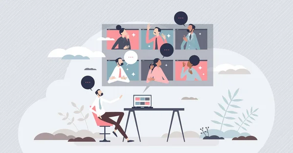 Virtual business event and video call connection for team tiny person concept — Stockvektor