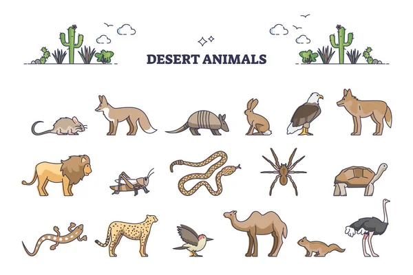 Desert animals collection with hot environment habitat species outline set — Stock Vector