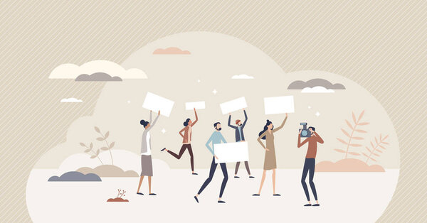 Democracy movement and protest event with citizen opinion tiny person concept