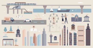 Altyapı tesis ve ulaşım ile kurulmuş küçük insan koleksiyonu