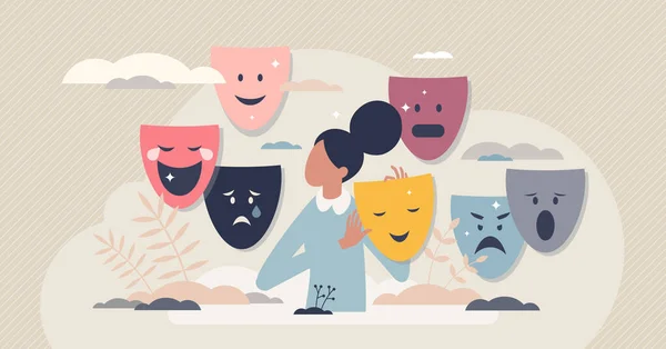 Personalità, sentimento ed emozione cambiano con maschere facciali concetto di persona minuscola — Vettoriale Stock