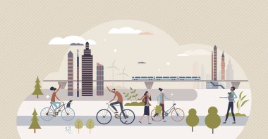 Save earth and use walking, cycling and public transport tiny person concept