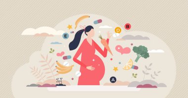 Doğum sonrası vitaminler, sağlıklı besin maddeleri ve haplar, küçük insan konsepti.