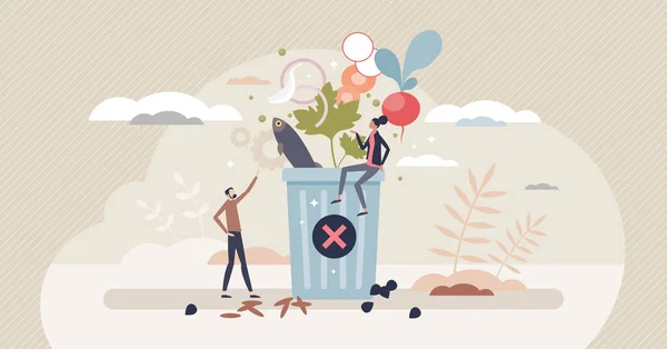 Save earth and throw away less food to avoid garbage tiny person concept — Stock Vector