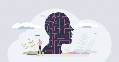 Psikoloji labirenti ve beyin bulmacası. Sorunların çözümü küçük insan konsepti.