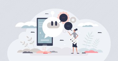 Doğal dil işleme ve robot iletişimi minik insan konsepti. İnsan konuşma vektörü illüstrasyonunu anlamak için bilgisayar bilimi ve yapay teknoloji yardımıyla NLP geliştirme.