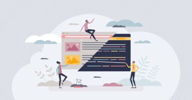 Veri işleme ve küçük insan kavramını sınıflandırmak için semantik teknoloji. Çeşitli web verileri içindeki ilişkileri keşfetmek için yapay zeka makinesi aracı vektör illüstrasyonunu ayarlar.