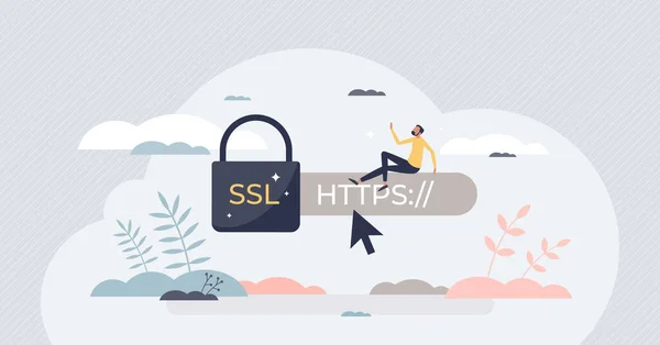 Ssl或安全套接字层作为安全网络数据链接的微型人的概念 具有很强的网络安全性 并附有软件证书隐私签名向量示例 网上浏览的加密技术 — 图库矢量图片