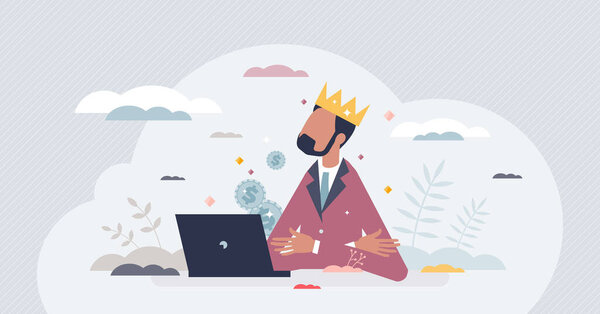 Высокомерный работник или авторитарный бизнес лидер поведение крошечный человек концепции. Характер бизнесмена с доминирующей личностью и неприятной векторной иллюстрацией отношения. Богатый и надоедливый работник.