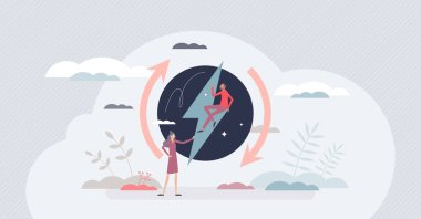 Alternatif elektrik üretimi ile yenilenebilir enerji minik insan konsepti. Sıfır emisyonlu ekolojik ve doğa dostu güç ve CO2 nötr vektör çizimi. Işık kullanımını azalt.