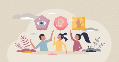 Görsel, yazma, okuma, kinestetik ve işitsel yöntemlerle öğrenme tarzları küçük insan konsepti. Bilgi soğurma vektör illüstrasyonu için kişiselleştirilmiş teknikle etkili çocuklar öğreniyor.