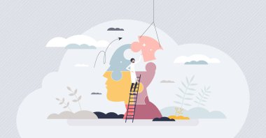 Clinical psychology as mental and behavioral health care tiny person concept. Emotional illness support with therapy and thinking change vector illustration. Doctor assistance for mental disease.