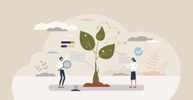 Akıllı tarım verileri ve ölçüm koleksiyonu minik insan konsepti. Büyüme analizi ve etkili hasat vektör çizimi için gelişmiş teknolojiye sahip gelecekçi tarım. Tarımsal raporlar.