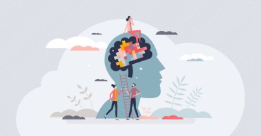 Renk psikolojisi çalışmaları algıyı etkiledi. Küçük insan kavramını. Tüketici eylem vektör illüstrasyonunu tahmin etmek için pazarlama ya da markalaşma araştırmaları yapma ya da hissetme. Zihinsel anlayış