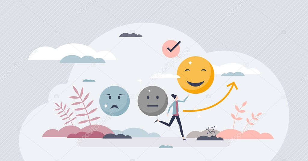Positive psychology as focus on well being attitude tiny person concept. Emotions and feelings improvement after psychological sessions and therapy treatment vector illustration. Change mind behavior.