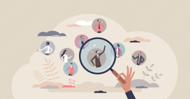 Çalışanları ve insan kaynaklarını işe almak, ufak tefek insanları işe almak. Şirket personeli ve takım vektör çizimi için adayları ve yetenekleri araştırın. Kelle avcısı yetenekleri ve en iyisini arıyor..