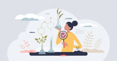 Doğayla ilgili ekoloji araştırmaları ve yenilikler. Bilimsel analiz. Küçük insan kavramı. Biyolojik testler biyokimya gen vektör illüstrasyonundan büyüyen bitkiler üzerine. Çevre biyolojisi laboratuvarı