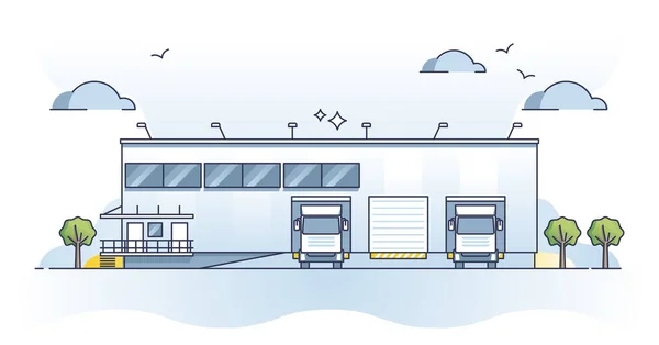 Industrial Building Cargo Vehicles Unloading Garages Outline Concept Modern Warehouse — Archivo Imágenes Vectoriales