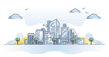 İş merkezi konsepti için şehir mimarisi olan ofis binaları. Şirketler ve finans şirketleri için lüks evler iş yeri vektör illüstrasyonu için şehir merkezi olarak kullanılıyor. Şehir manzarası.