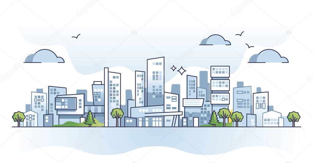 Urban landscape or modern city houses environment scene outline concept. Office buildings in metropolis downtown as financial and business center vector illustration. Tall or high skyscrapers panorama