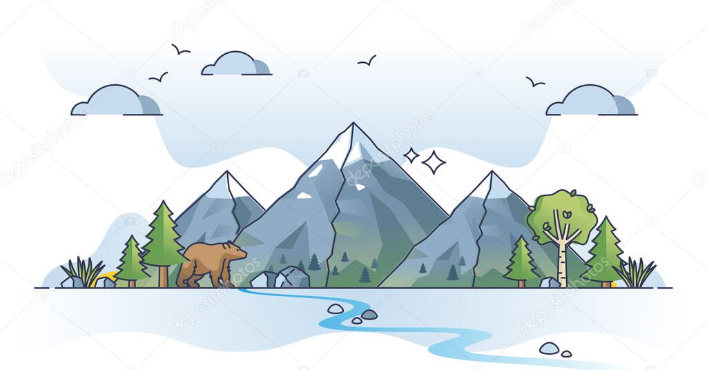 Mountain landscape with hills and summits in high altitude outline concept. Alps peak climate with flora and fauna in natural habitat vector illustration. Wild adventure environment in rockies terrain
