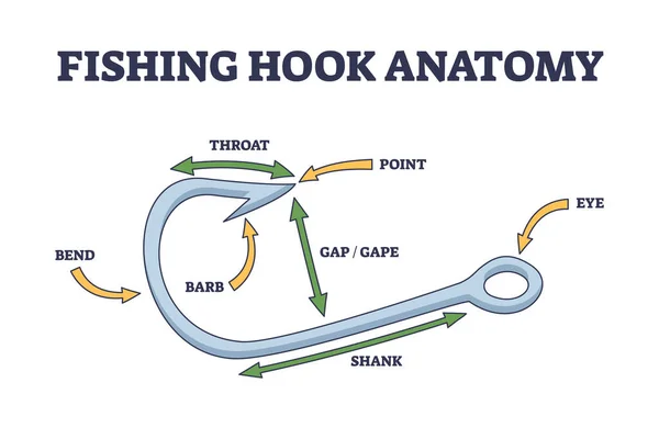 Fishing Hook Anatomy Fish Catching Elements Description Outline Diagram Labeled — Vettoriale Stock
