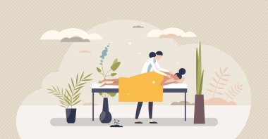 Kendine dikkat et ve SPA masör salonundaki küçük insan konseptine masaj yaptır. Rahatlamak ve cilt vektörü çizimi için yağlı ve kremli profesyonel vücut tedavisi. Sağlık merkezinde bir kadın..