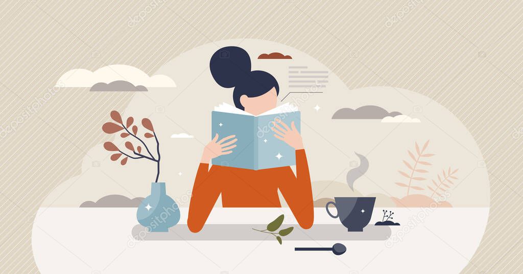 Self care and reading a book for relaxation moment tiny person concept. Calm break with literature and tea drinking vector illustration. Positive mind recreation and mental harmony doing your hobby.