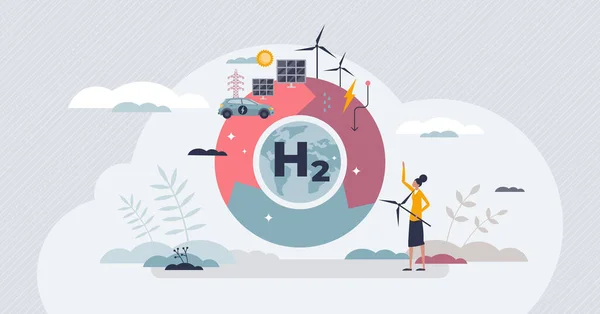 Hydrogen Energy Solution Electricity Renewable Power Tiny Person Concept Reuse — Stockový vektor