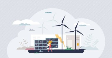 Energy storage with electricity charged battery cell tiny person concept. Sustainable power efficient accumulation with container units vector illustration. Wind turbine or solar panel voltage station clipart