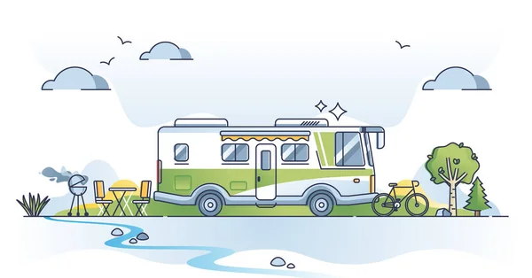 Camper Lifestyle Scene Trailer Van Recreation Journey Outline Concept Holiday — 图库矢量图片