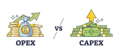Opex vs capex expenditure comparison as strategy difference outline diagram. Labeled educational capital and operational money spending types as company accounting payment division vector illustration