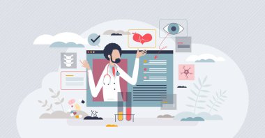 Sağlık teknisyeni ve tıbbi bakım modern teknoloji minik insan konseptini kullanıyor. Hastalık tedavisi için teşhis ve kontrol başvurusu veya çevrimiçi hizmet ve uzman veya doktor vektör illüstrasyonuna yardım.