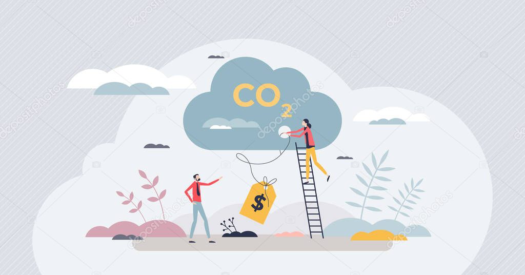 Carbon tax payment and cost for fossil CO2 emitting tiny person concept. Environmental protection with dioxide gas financial price fee vector illustration. Billing charge to reduce greenhouse gases.