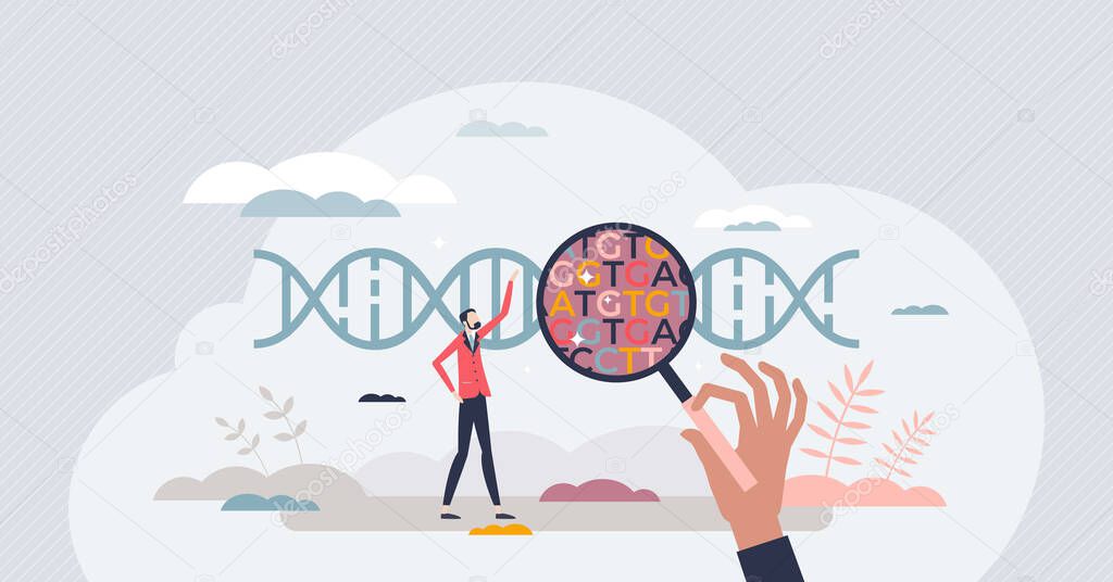 Genomics as DNA helix chain structure, function, mapping and evolution genomes scientific research tiny person concept. Biotechnology with gene sequence and spiral data analysis vector illustration.