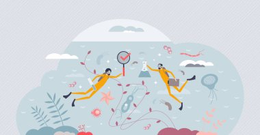 Marine biology and ocean wildlife exploration occupation tiny person concept. Professional scuba science expedition to research river, sea creatures, plants or maritime habitats vector illustration.