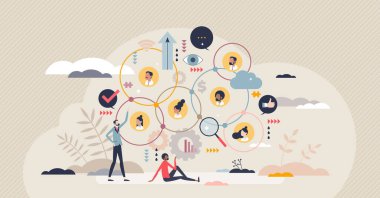 Sociology as study of social life and human behavior tiny person concept. Social analysis with demographics, culture and ethnicity data research vector illustration. Group interactions and statistics.