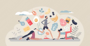 Spor gıdası ve sağlıklı ürünler, fitness için yemek, küçük insan konsepti. Etkin yaşam tarzı ve enerji, protein ve vitamin denge vektörü çizimi için zayıflatma besin. Özel gıda kontrolü