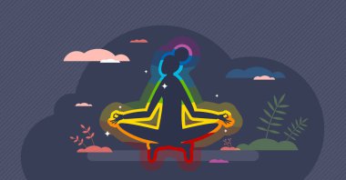 Aura energy and spiritual meditation with glowing light tiny person concept. Yoga therapy with astral relaxation and esoteric power belief vector illustration. Mental universe connection feeling.