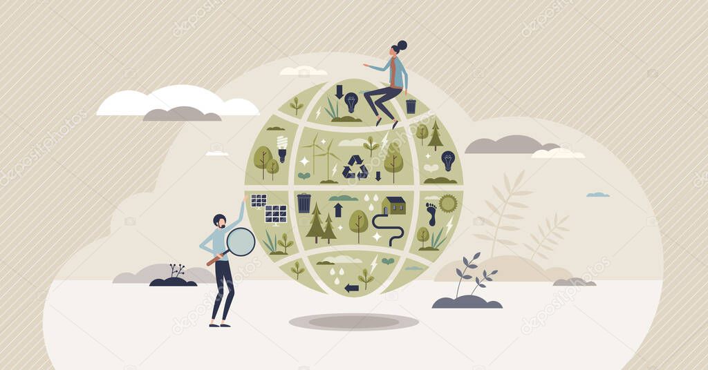 Sustainable communities and environmental friendly homes tiny person concept. Renewable resources consumption and electricity or CO2 free power production for social living houses vector illustration.