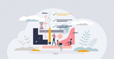 Ethical design for sustainable products with high morale principle tiny person concept. Combination with good learnability, efficiency, memorability and satisfaction for customers vector illustration.