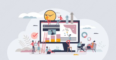 Hybrid workforce with distant employees and flexible job tiny person concept. Business model with outsourcing colleagues for remote online tasks vector illustration. Efficient project management.