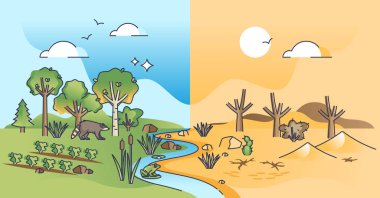 Desertification process as climate change to hot and dry soil outline concept. Compared green and sustainable nature versus desert like drought with cracked ground without water vector illustration.