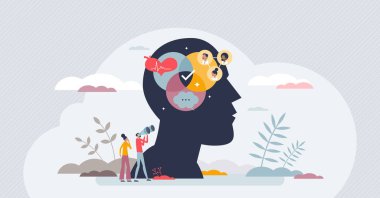 Health psychology as study about behavioral process tiny person concept. Psychological emotion problem, mental illness, treatment and healthcare support from therapy specialist vector illustration.