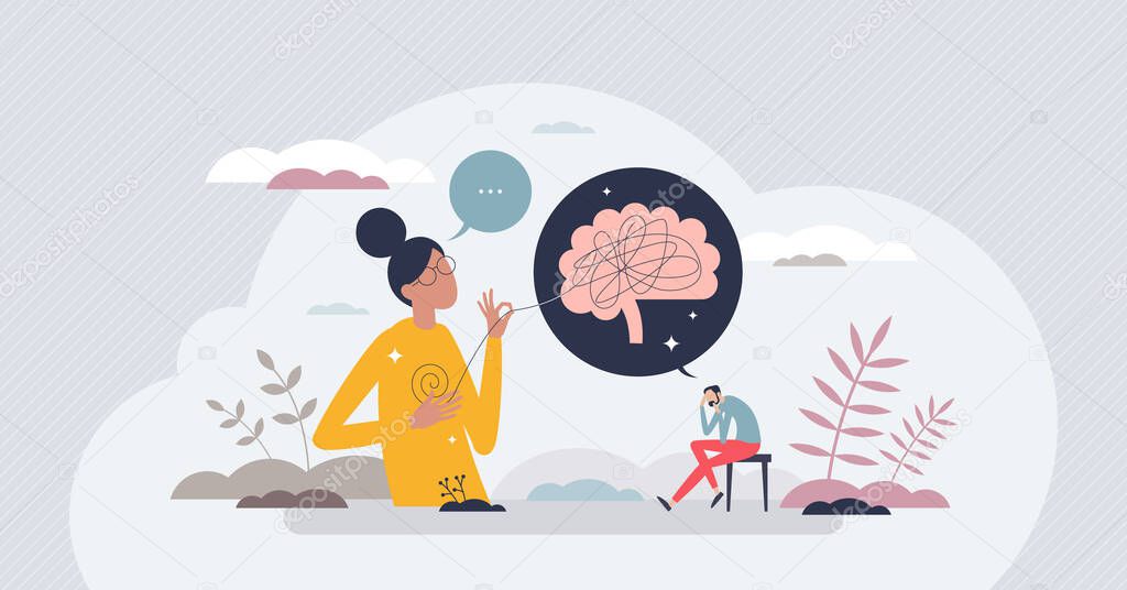 Counseling psychology and psychotherapy mind session tiny person concept. Mental care and medical help to solve bad mood, feeling or personality problems vector illustration. Brain anxiety treatment.