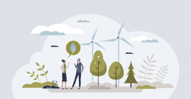 Promoting green energy and talk about sustainable wind turbine power tiny person concept. Professional ecologist with planet conservation and sustainable protection awareness vector illustration.