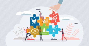 SDG or sustainable development goals for better future tiny person concept. United nations climate planning and social life improvement with world peace and green eco thinking vector illustration.